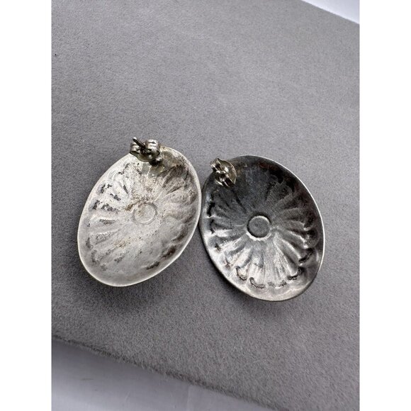 Vintage Navajo Sterling Silver Turquoise Hand-Stamped Concho Oval Post Earrings - Picture 4 of 7